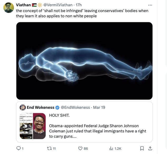 my moral compass leaving my body - Viathan . 17h the concept of 'shall not be infringed' leaving conservatives' bodies when they learn it also applies to non white people Jake End Wokeness . Mar 19 Holy Shit. Obamaappointed Federal Judge Sharon Johnson Co